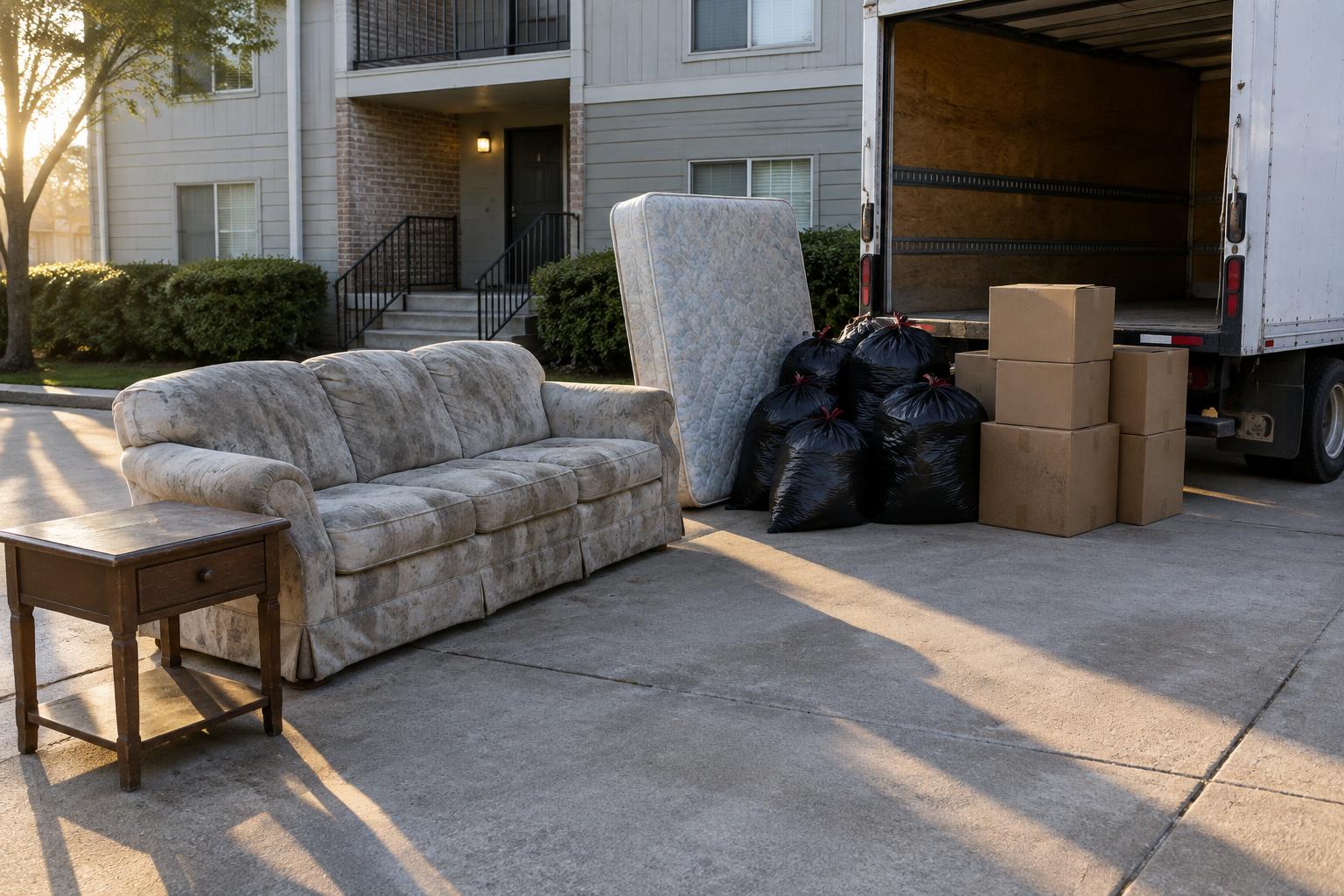 Furniture and boxes stacked on a driveway for a cleanout