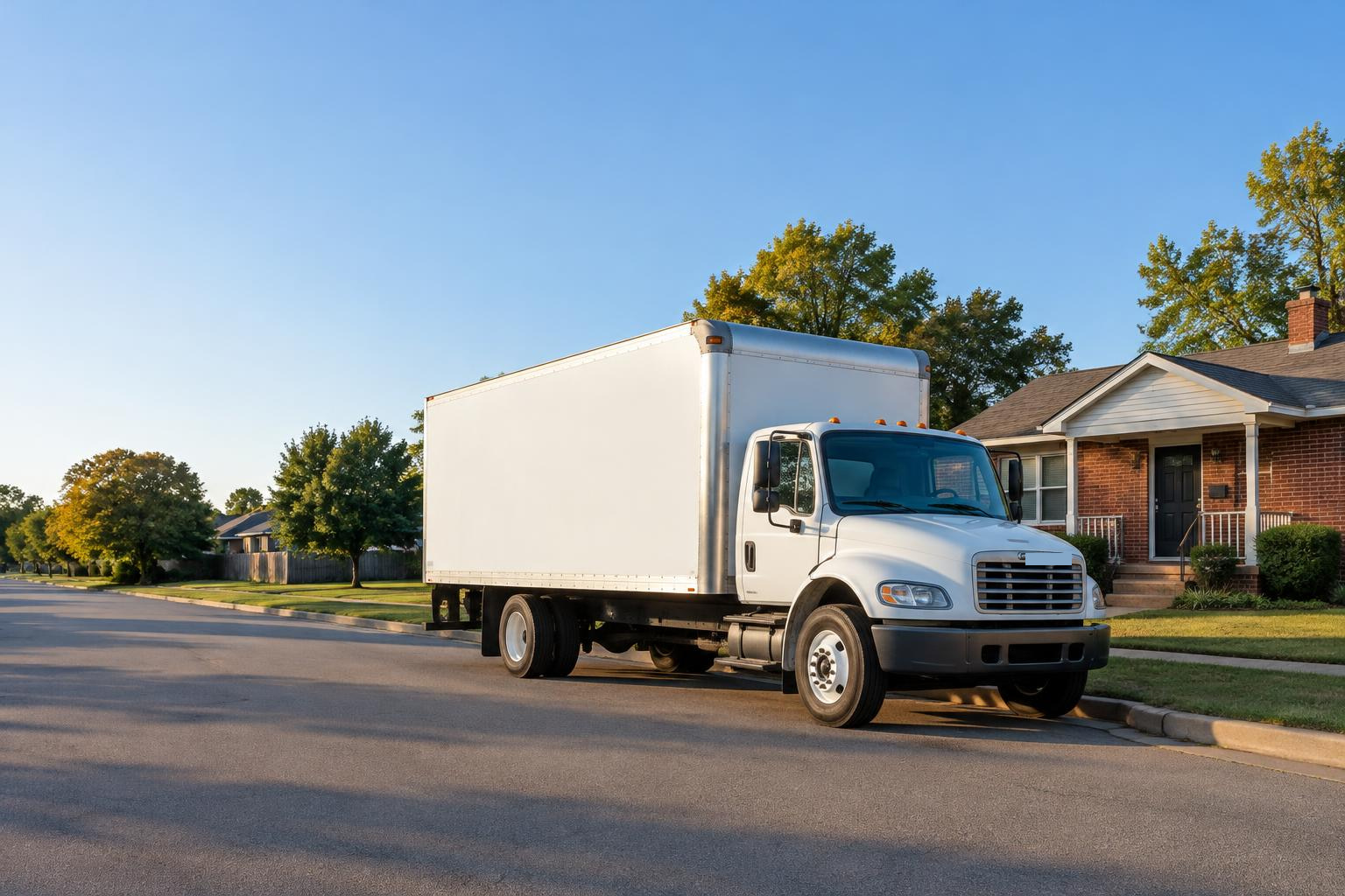 An Ambassador moving truck parked on a residential street