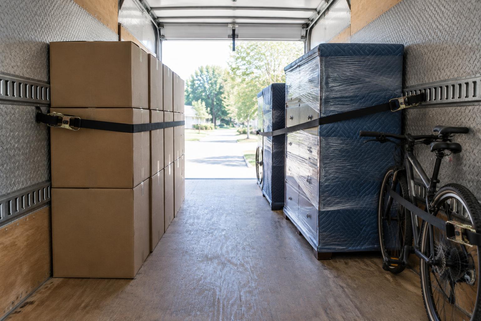 A packed moving truck with boxes, a wrapped dresser and a bicycle strapped down for a move