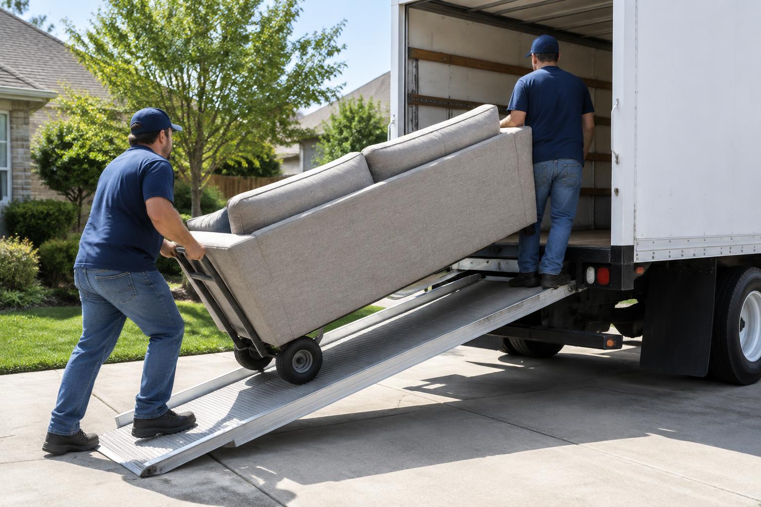 Movers carrying a sofa up the truck ramp