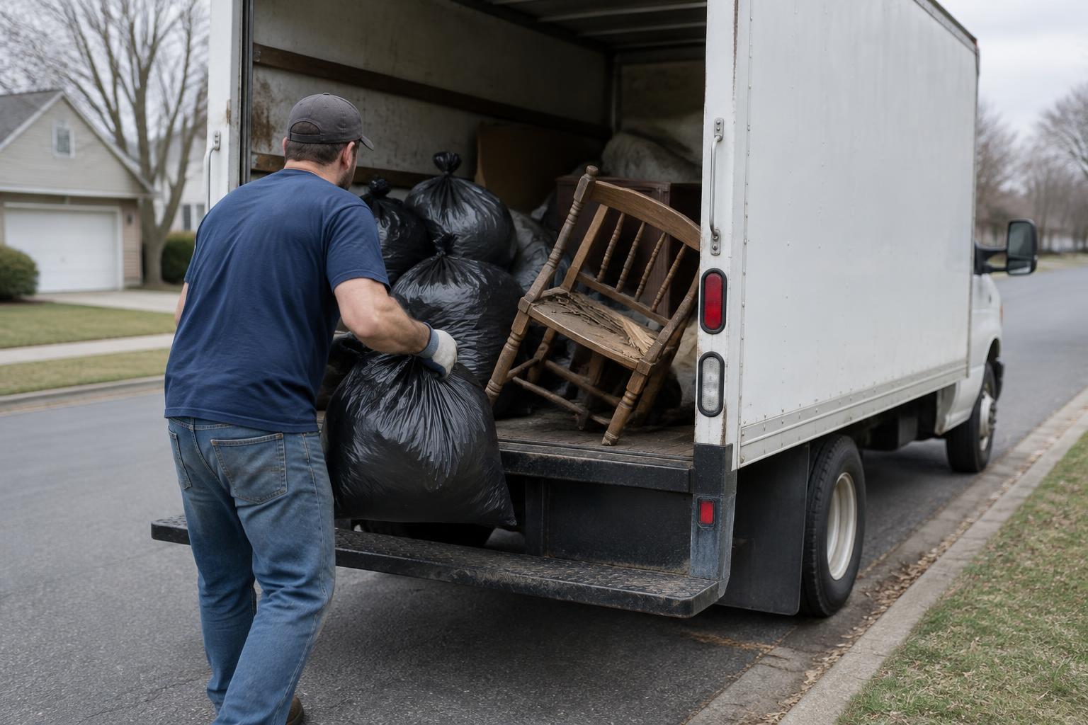 A crew member loading bagged trash into the truck