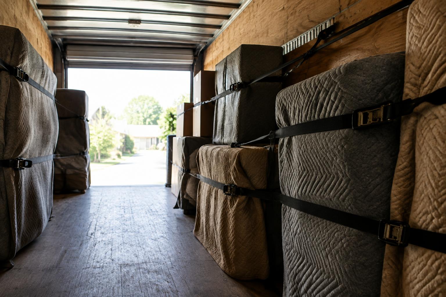 The interior of a moving truck packed and padded with moving blankets